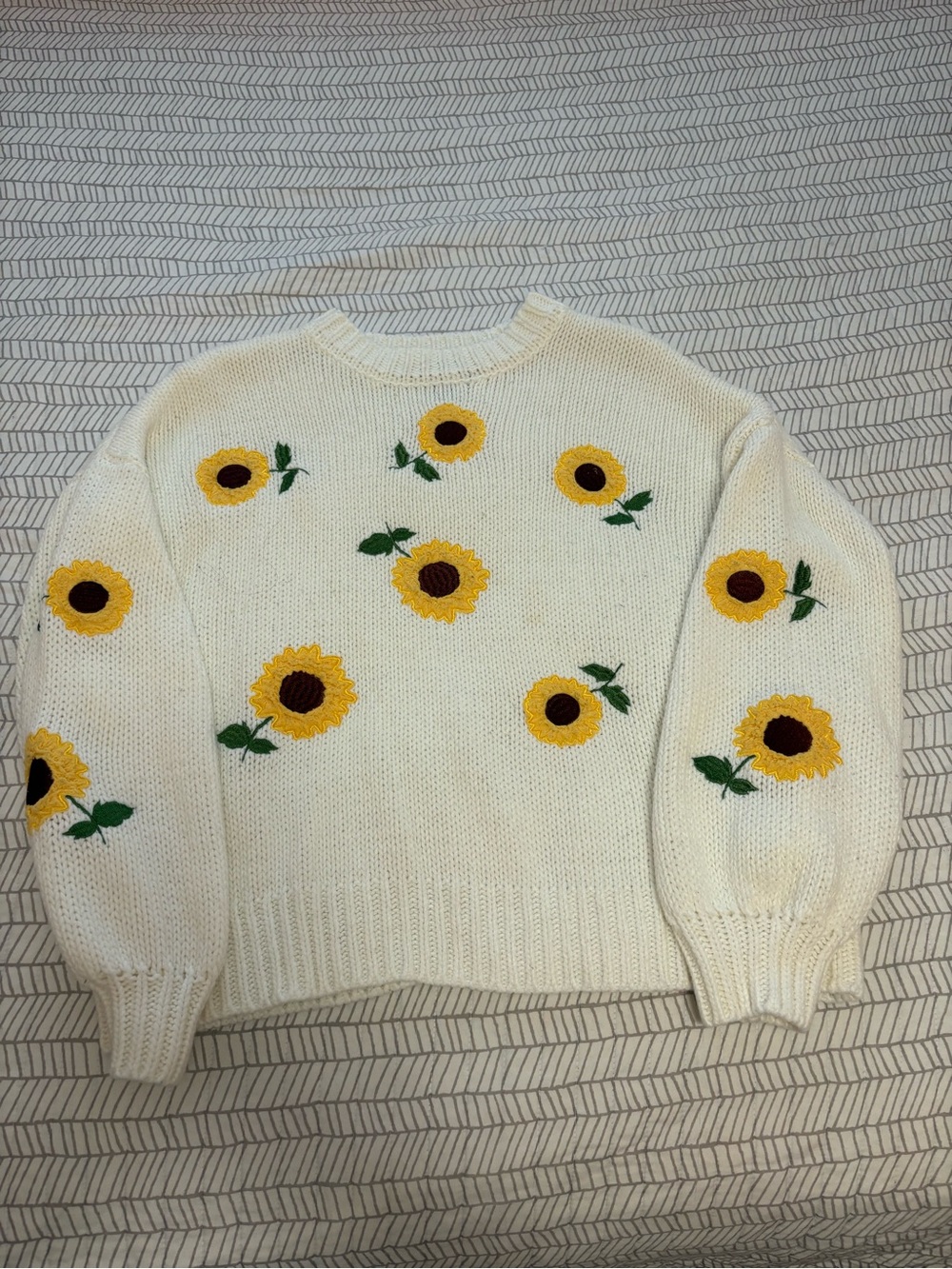 Forever 21 Cream Crewneck Sweater with Yellow Sunflower Embroidery